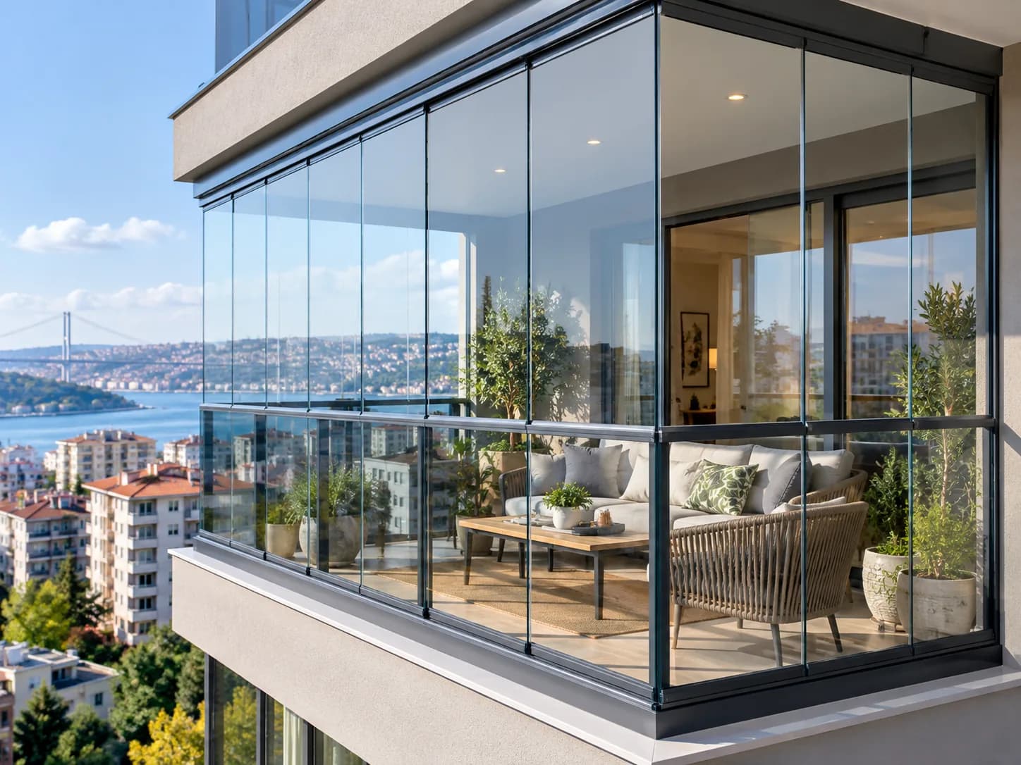 Apartman cephesinde köşe balkona uygulanmış cam balkon sistemi